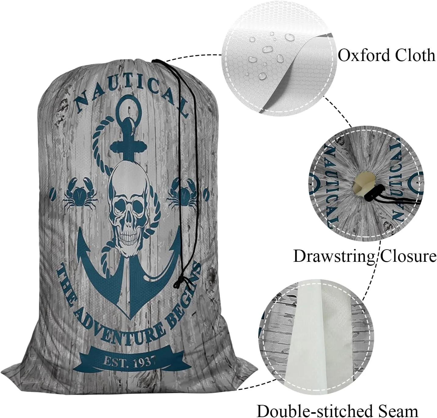 Swono Anchor Skull 1 Pack Laundry Bag, Rope Quotes Nautical Adventure Begins 28x40 Inches Rips & Tears Resistant Large Dirty Clothes Storage Bag, Machine Washable, Heavy Duty Laundry Hamper Liner for