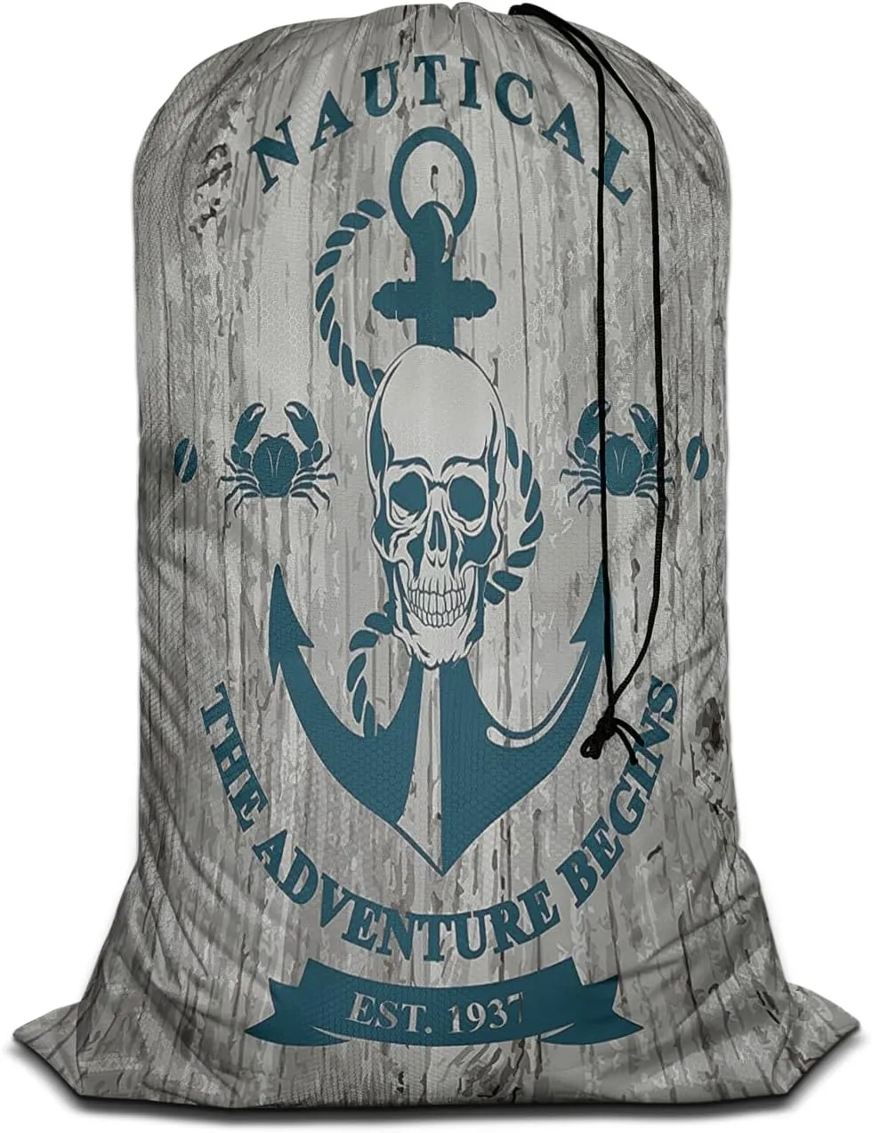 Swono Anchor Skull 1 Pack Laundry Bag, Rope Quotes Nautical Adventure Begins 28x40 Inches Rips & Tears Resistant Large Dirty Clothes Storage Bag, Machine Washable, Heavy Duty Laundry Hamper Liner for