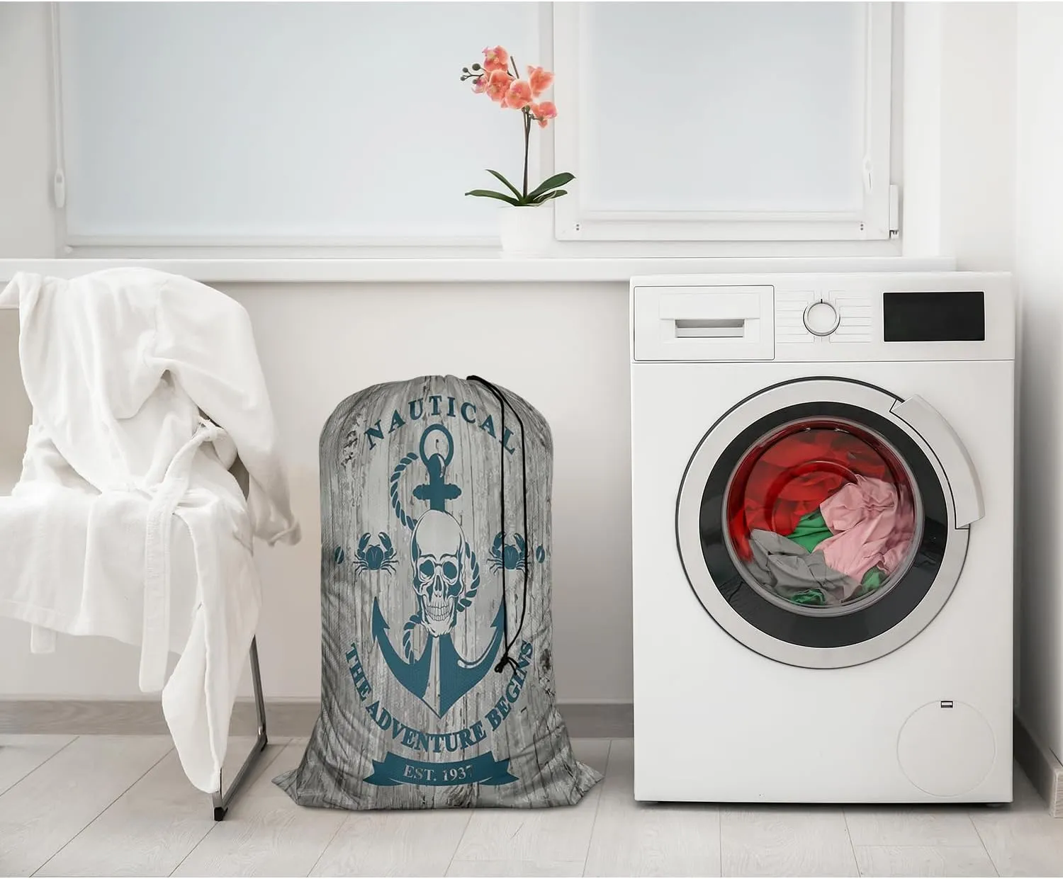 Swono Anchor Skull 1 Pack Laundry Bag, Rope Quotes Nautical Adventure Begins 28x40 Inches Rips & Tears Resistant Large Dirty Clothes Storage Bag, Machine Washable, Heavy Duty Laundry Hamper Liner for