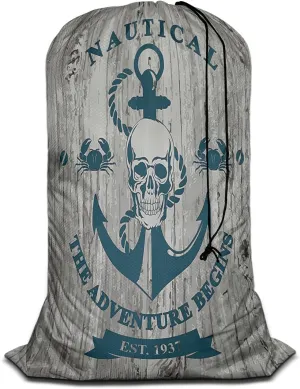 Swono Anchor Skull 1 Pack Laundry Bag, Rope Quotes Nautical Adventure Begins 28x40 Inches Rips & Tears Resistant Large Dirty Clothes Storage Bag, Machine Washable, Heavy Duty Laundry Hamper Liner for