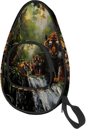 Table Tennis Racket Cover, Ping Pong Paddle Case, Table Tennis Bat Bag to Hold 2 Paddles 5 Balls, Tigers on Forest Stream