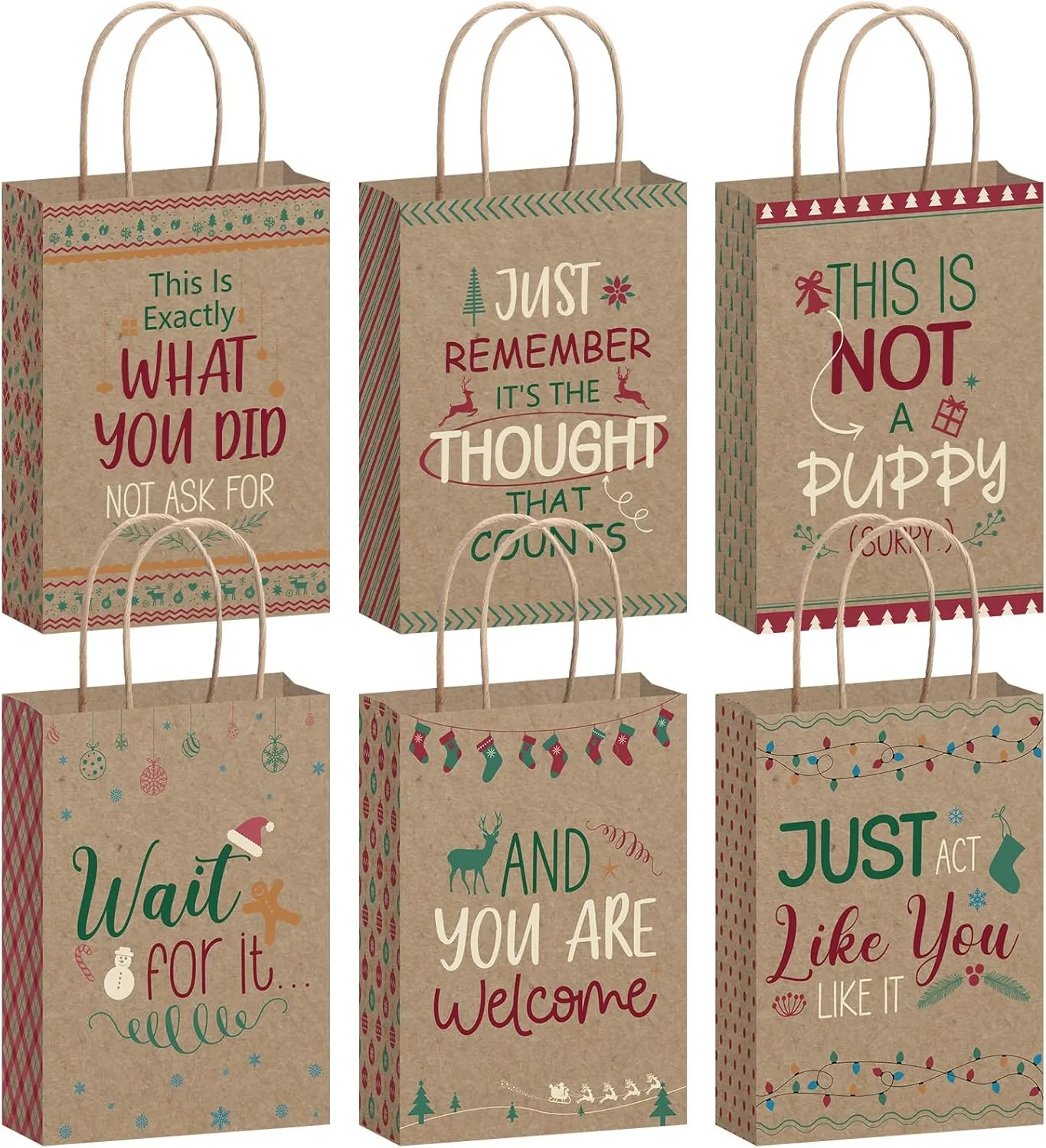 Tenceur 24 Pcs Fun Saying Christmas Holiday Treat Bags - Kraft Christmas Party Favor Goody Bags with Handles - Bulk Xmas Gift Wrapping Supplies
