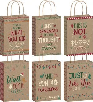 Tenceur 24 Pcs Fun Saying Christmas Holiday Treat Bags - Kraft Christmas Party Favor Goody Bags with Handles - Bulk Xmas Gift Wrapping Supplies