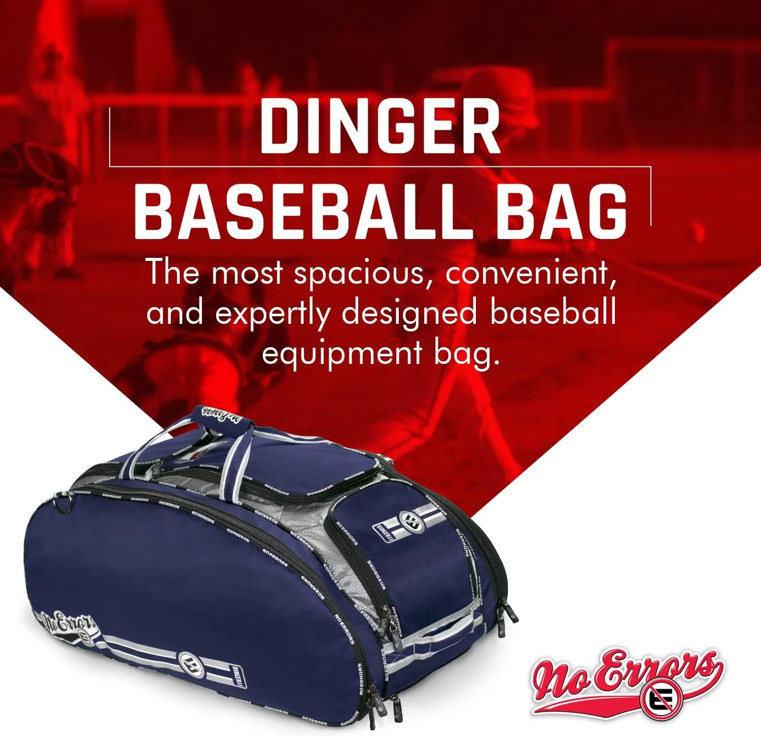 The Dinger Baseball Bat Bag - 15 Compartments for More Storage Than Other Baseball Equipment Bags - Room for 4 Bats - Velcro Batting Glove Strip - Hangs on a Fence - Rolling Wheels