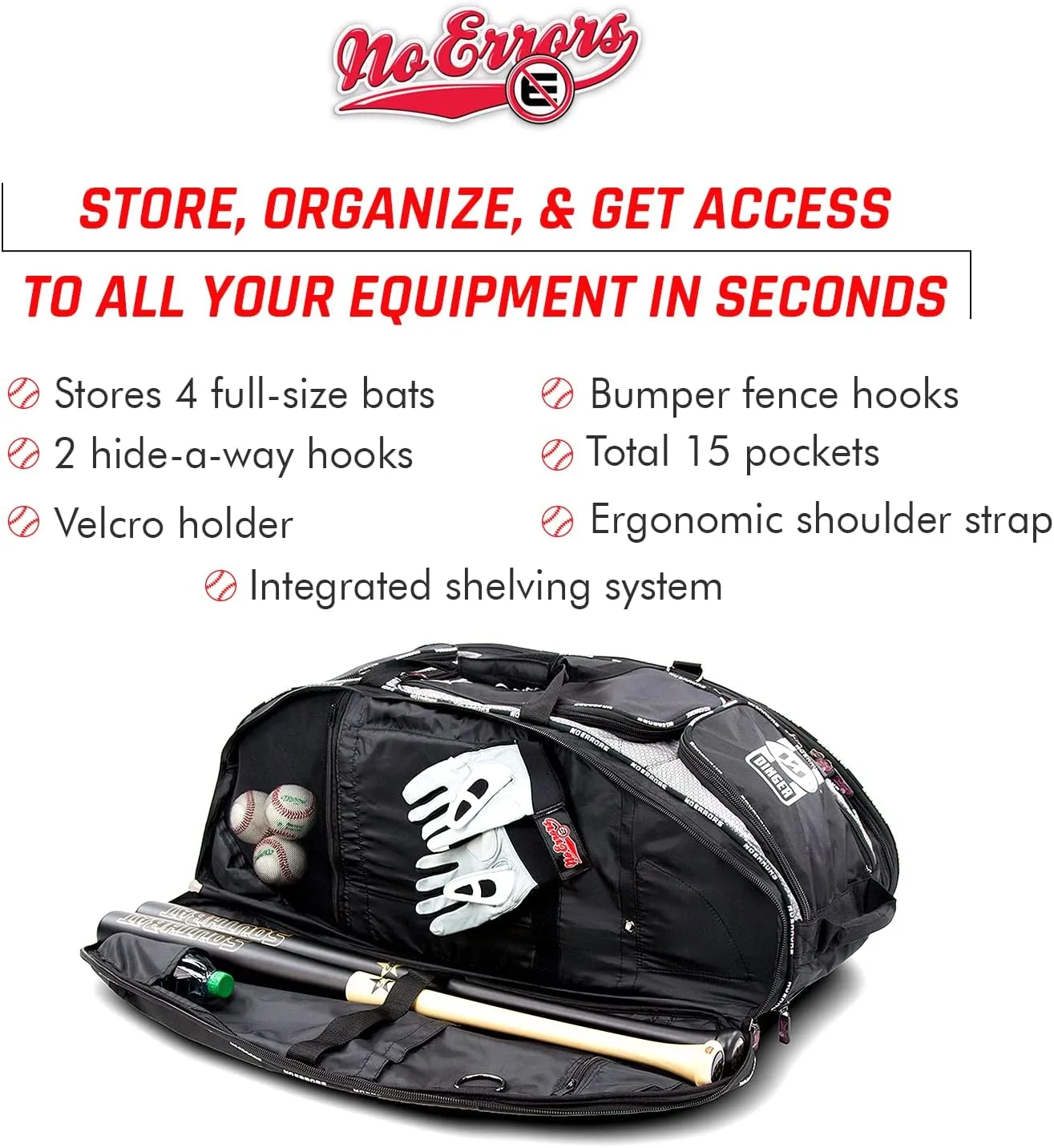 The Dinger Baseball Bat Bag - 15 Compartments for More Storage Than Other Baseball Equipment Bags - Room for 4 Bats - Velcro Batting Glove Strip - Hangs on a Fence - Rolling Wheels