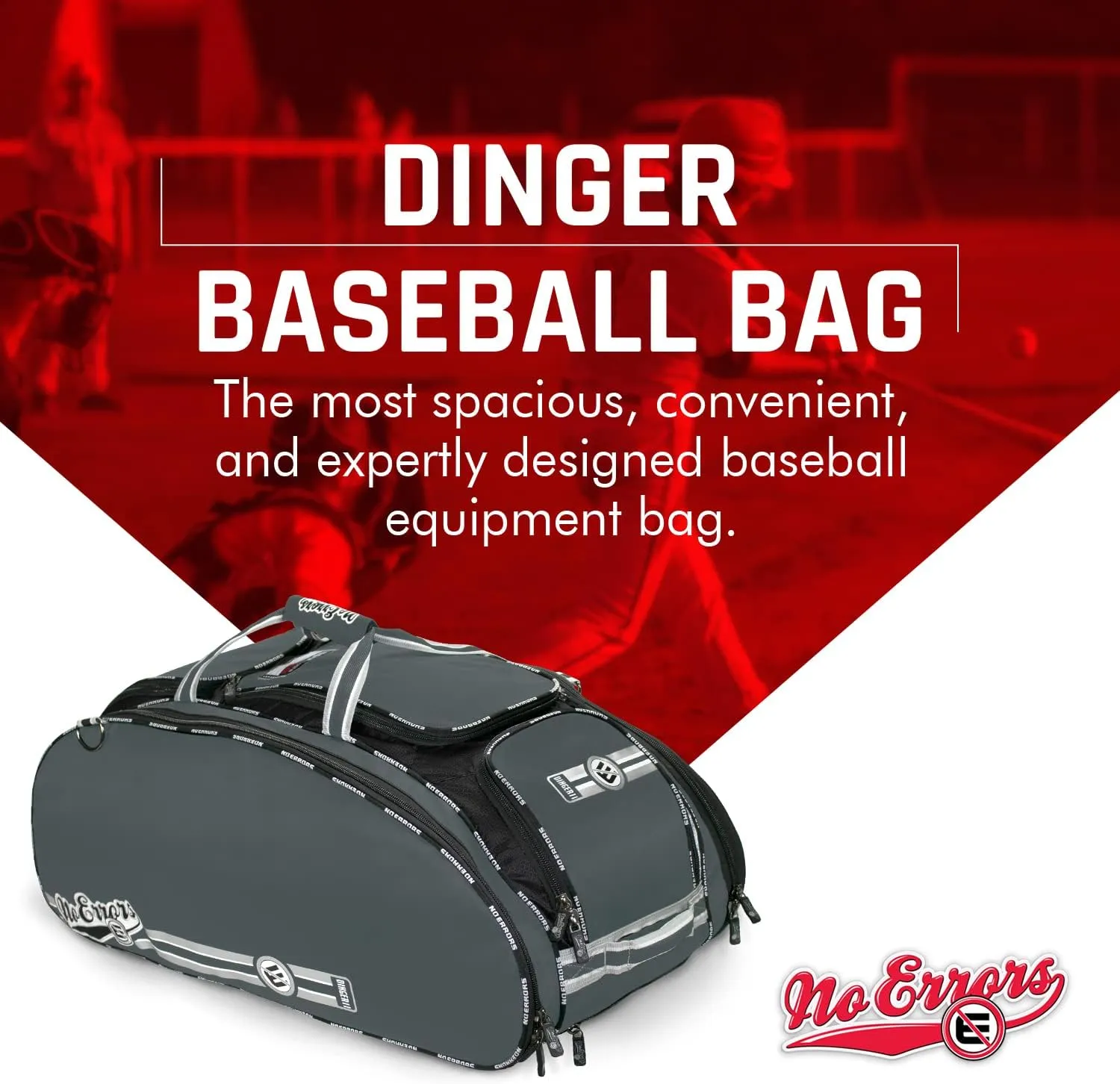 The Dinger Baseball Bat Bag - 15 Compartments for More Storage Than Other Baseball Equipment Bags - Room for 4 Bats - Velcro Batting Glove Strip - Hangs on a Fence - Rolling Wheels