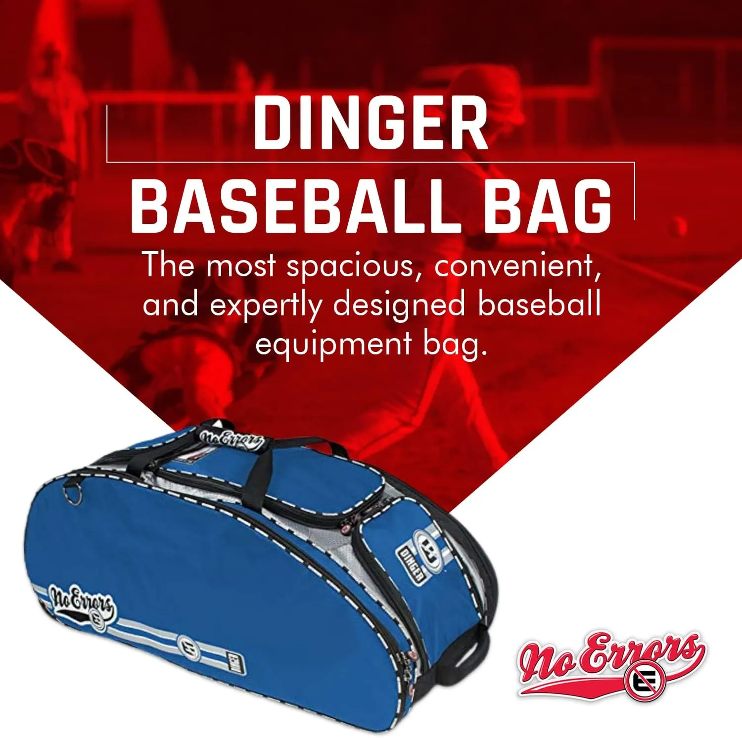 The Dinger Baseball Bat Bag - 15 Compartments for More Storage Than Other Baseball Equipment Bags - Room for 4 Bats - Velcro Batting Glove Strip - Hangs on a Fence - Rolling Wheels