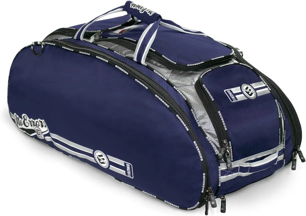 The Dinger Baseball Bat Bag - 15 Compartments for More Storage Than Other Baseball Equipment Bags - Room for 4 Bats - Velcro Batting Glove Strip - Hangs on a Fence - Rolling Wheels