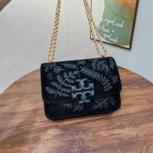 TORY BURCH ELANOR VELVET EMBELLISHED CONVERTIBLE CHAIN SHOULDER BAG
