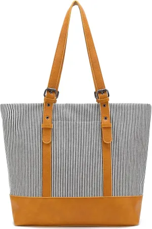 Tote Bags for Women 15.6inch Canvas Laptop Shoulder Bags Striped Tote Handbag with Compartment Pockets