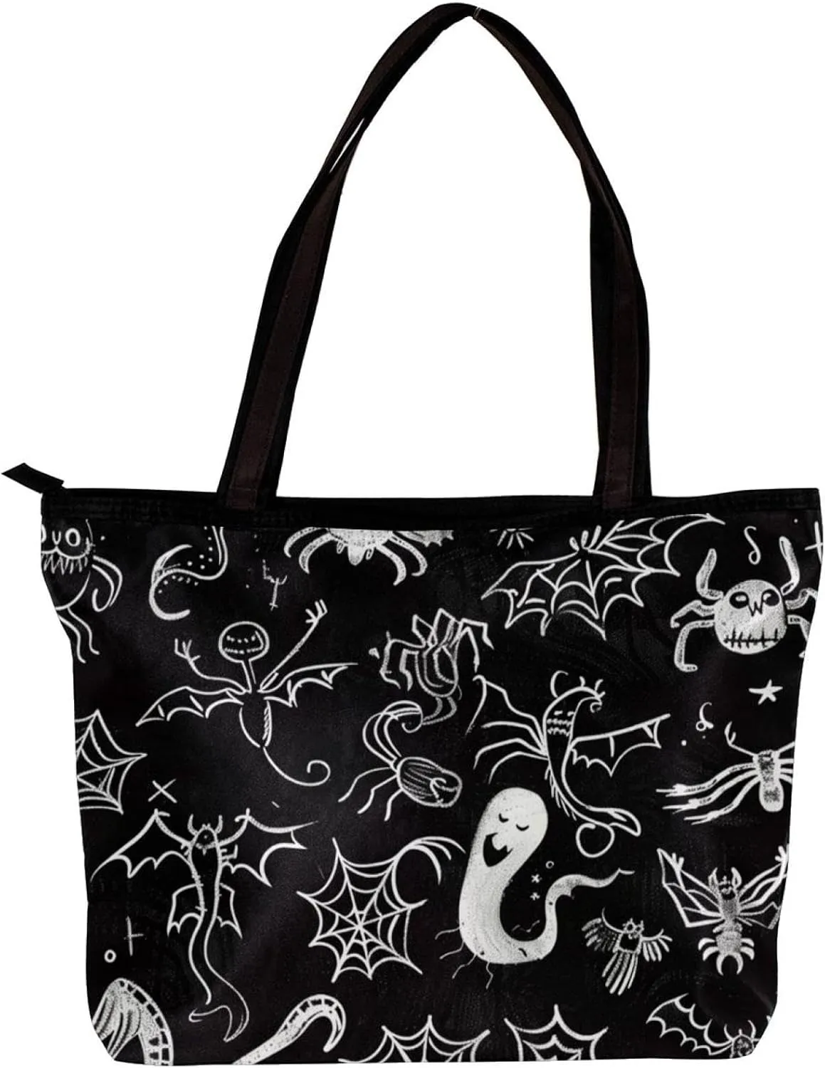Tote Bags, Large Tote Bags for Women, Tote Bag with Zipper, Halloween Black Cat Bat Orchestra Spider, Tote Bag for Work