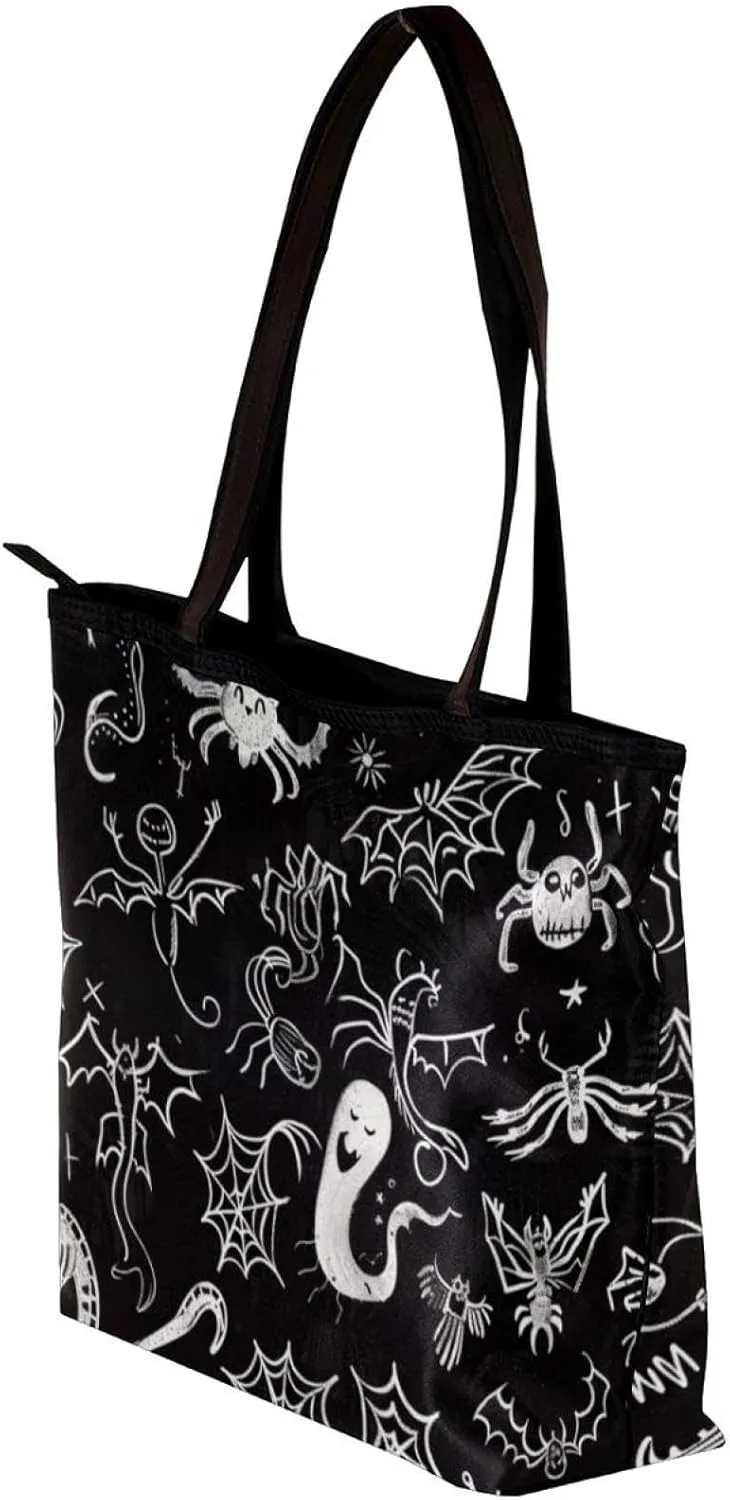 Tote Bags, Large Tote Bags for Women, Tote Bag with Zipper, Halloween Black Cat Bat Orchestra Spider, Tote Bag for Work