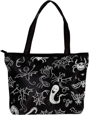 Tote Bags, Large Tote Bags for Women, Tote Bag with Zipper, Halloween Black Cat Bat Orchestra Spider, Tote Bag for Work