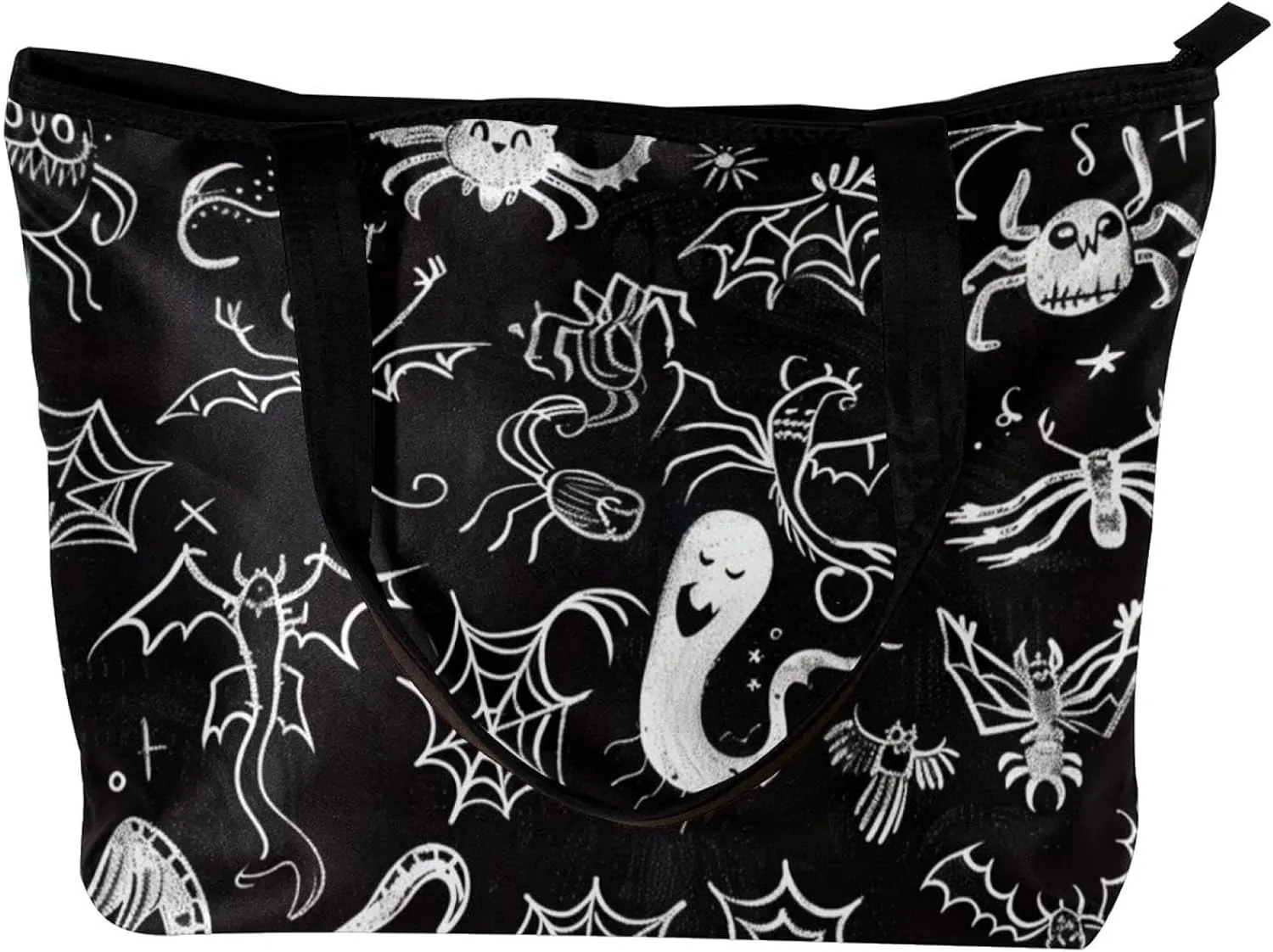 Tote Bags, Large Tote Bags for Women, Tote Bag with Zipper, Halloween Black Cat Bat Orchestra Spider, Tote Bag for Work