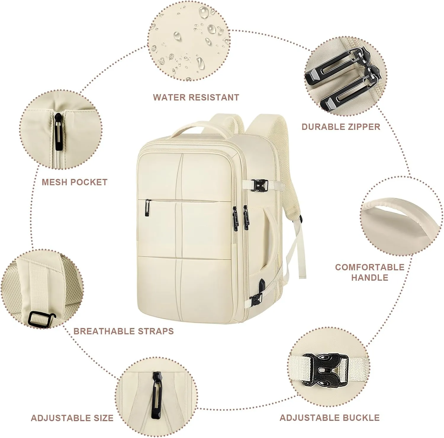 Travel Backpack, Carry On Backpack for Men Women, 55L Extra Large Bag Waterproof Business Luggage Casual Bag Fits 18.4 Inch Laptops with USB Charging Port, Travelers Gift, Beige