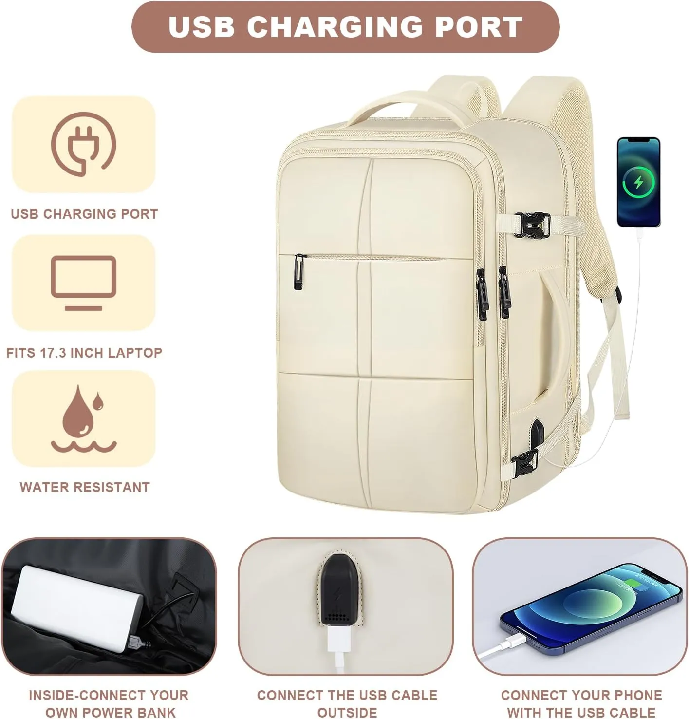 Travel Backpack, Carry On Backpack for Men Women, 55L Extra Large Bag Waterproof Business Luggage Casual Bag Fits 18.4 Inch Laptops with USB Charging Port, Travelers Gift, Beige