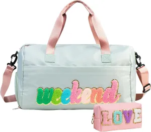 travel bag weekender bags for women overnight bag with shoe compartment carry on duffel bag weekend bag gym bag hospital personal item with Toiletry Bag tote 2 pcs Love Chenille Letter Preppy