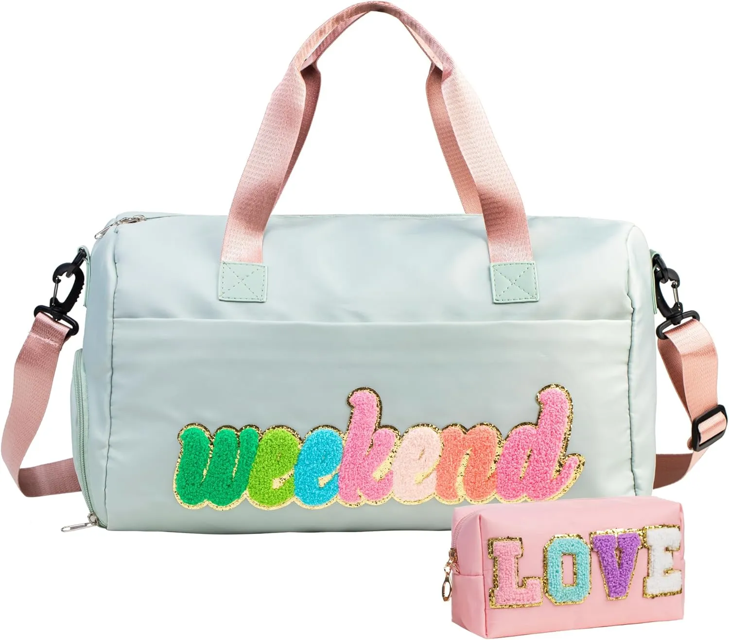travel bag weekender bags for women overnight bag with shoe compartment carry on duffel bag weekend bag gym bag hospital personal item with Toiletry Bag tote 2 pcs Love Chenille Letter Preppy