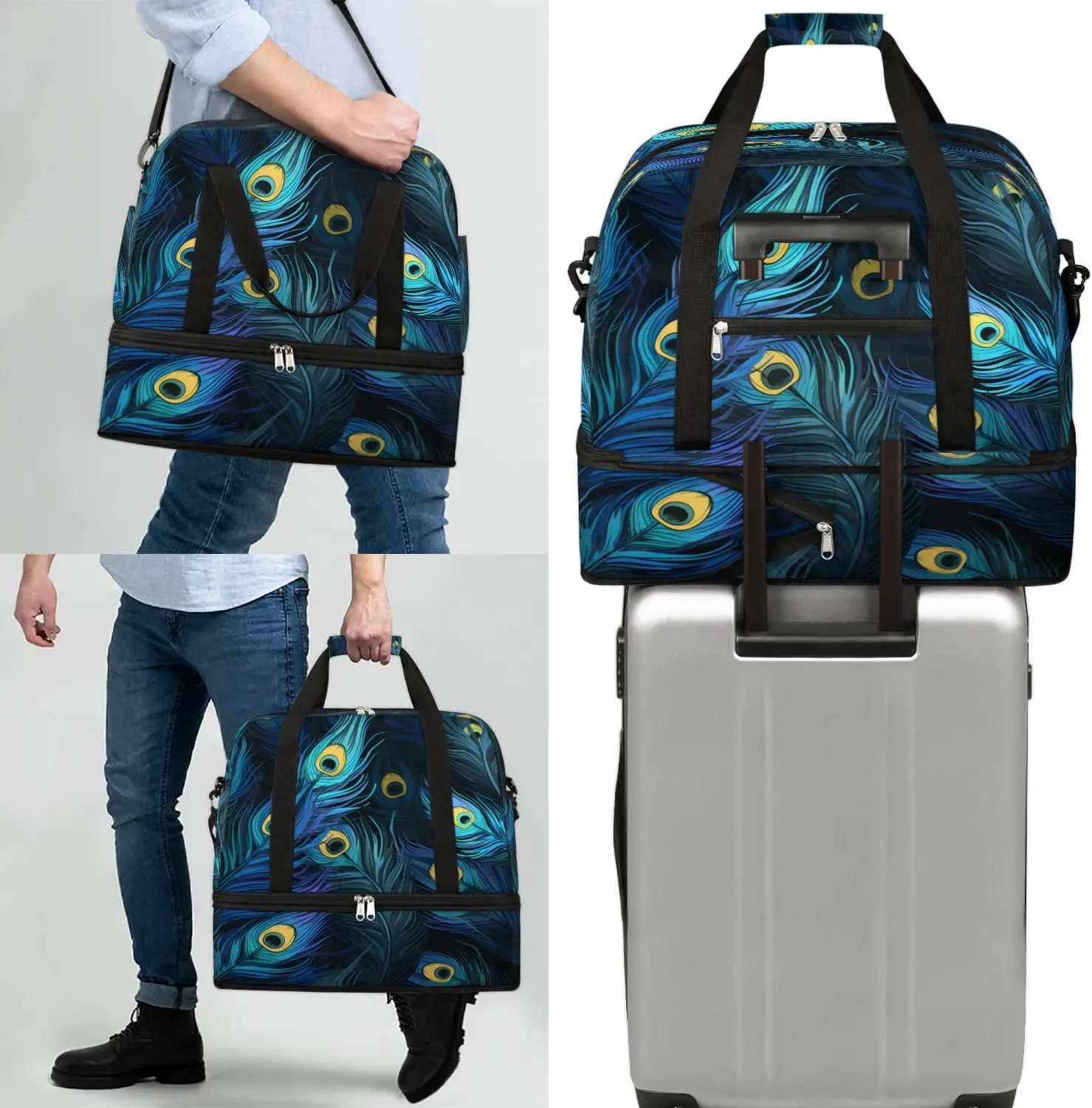 Travel Duffel Bag Beautiful Peacock Feathers Weekender Bag with Shoe Compartment Foldable Overnight Bags for Travel Sports Lightweight Gym Bags for Men Women