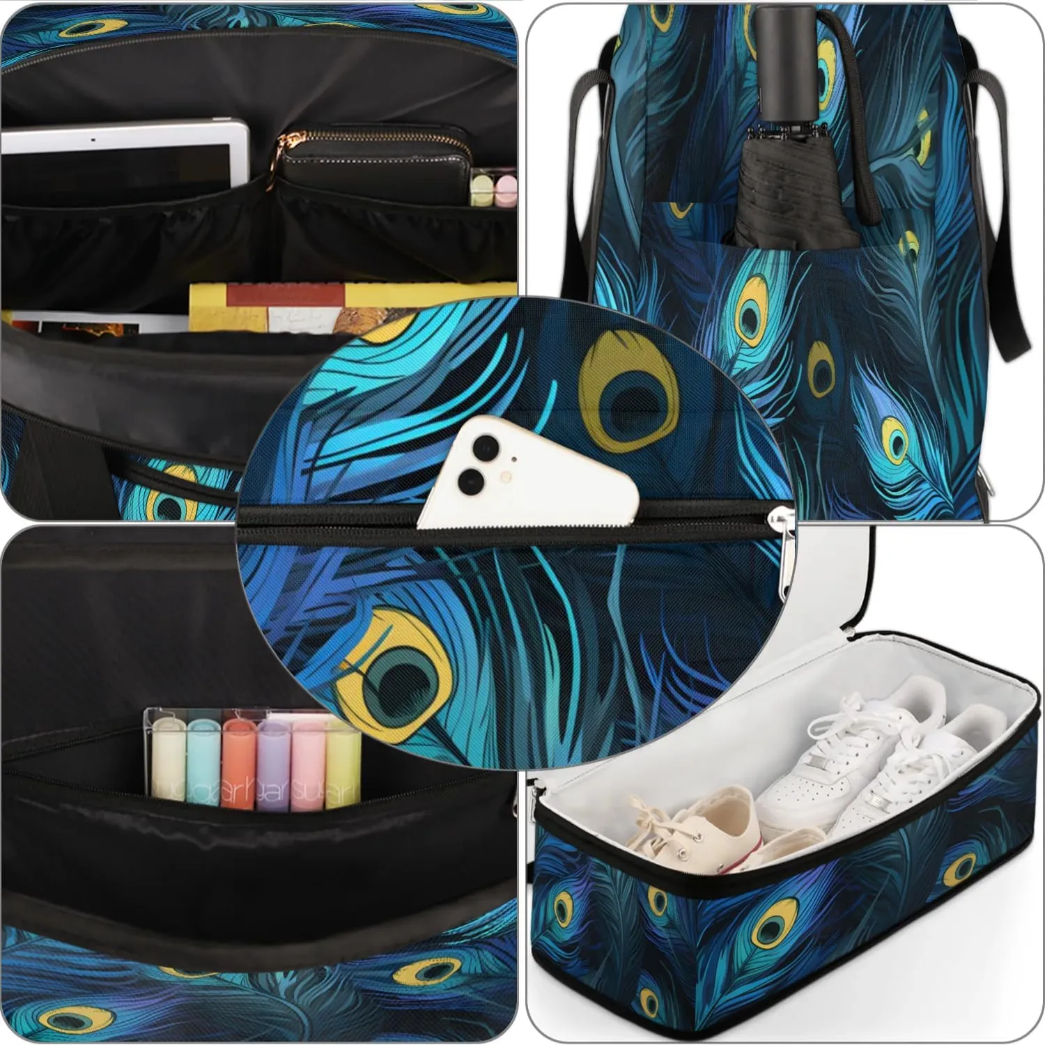 Travel Duffel Bag Beautiful Peacock Feathers Weekender Bag with Shoe Compartment Foldable Overnight Bags for Travel Sports Lightweight Gym Bags for Men Women