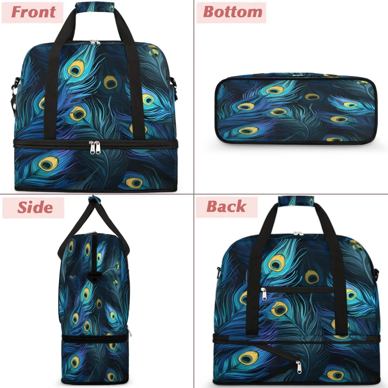 Travel Duffel Bag Beautiful Peacock Feathers Weekender Bag with Shoe Compartment Foldable Overnight Bags for Travel Sports Lightweight Gym Bags for Men Women