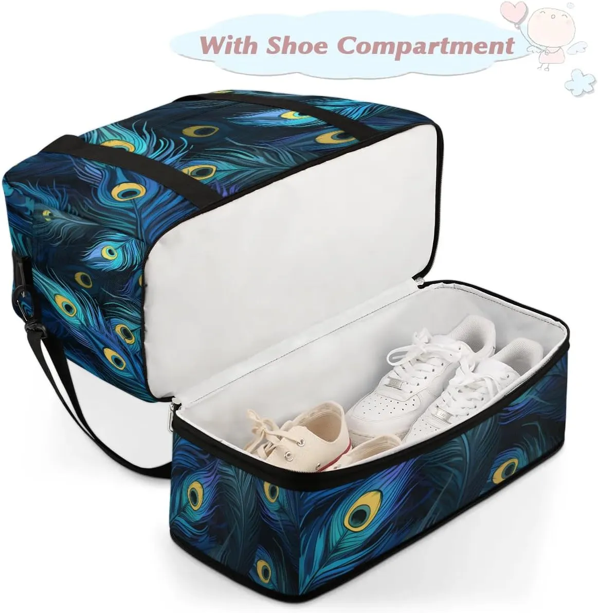 Travel Duffel Bag Beautiful Peacock Feathers Weekender Bag with Shoe Compartment Foldable Overnight Bags for Travel Sports Lightweight Gym Bags for Men Women