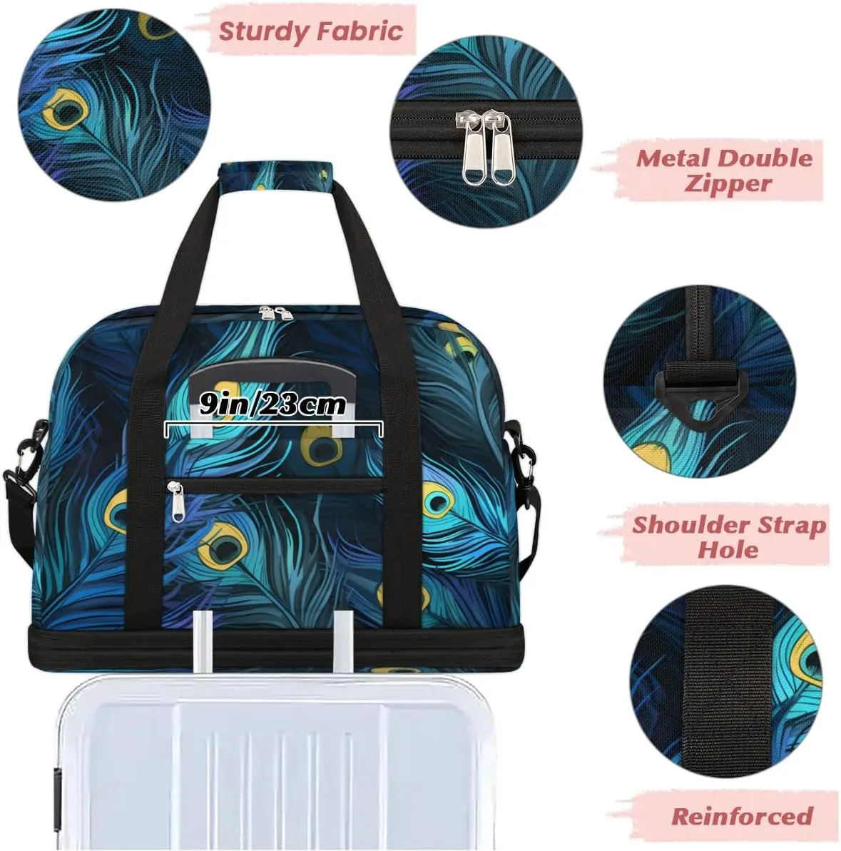 Travel Duffel Bag Beautiful Peacock Feathers Weekender Bag with Shoe Compartment Foldable Overnight Bags for Travel Sports Lightweight Gym Bags for Men Women