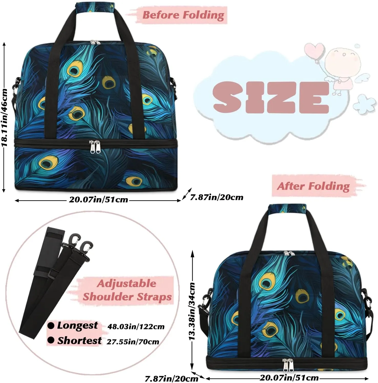 Travel Duffel Bag Beautiful Peacock Feathers Weekender Bag with Shoe Compartment Foldable Overnight Bags for Travel Sports Lightweight Gym Bags for Men Women