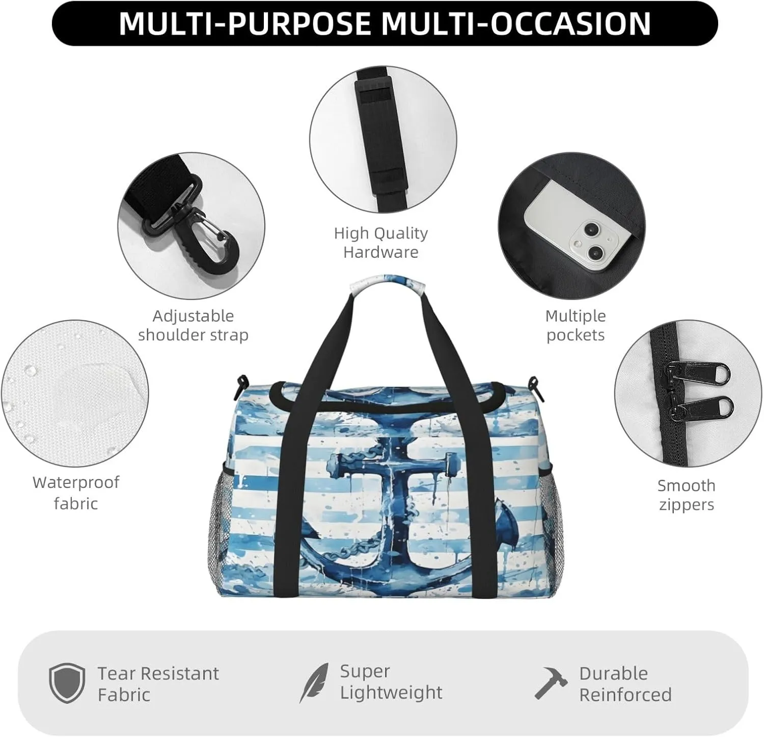 Travel Duffel Bag For Men Women, Blue Stripe Sea Anchor Carry On Sport Gym Bag With Shoulder Strap Lightweight Waterproof Weekender Bag Overnight Bag