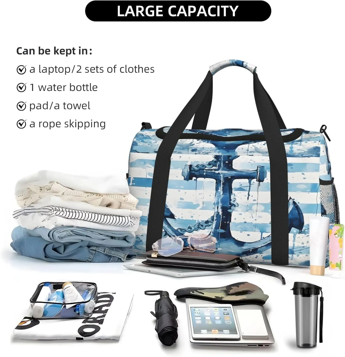 Travel Duffel Bag For Men Women, Blue Stripe Sea Anchor Carry On Sport Gym Bag With Shoulder Strap Lightweight Waterproof Weekender Bag Overnight Bag