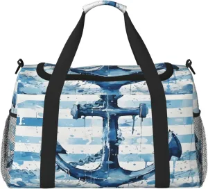 Travel Duffel Bag For Men Women, Blue Stripe Sea Anchor Carry On Sport Gym Bag With Shoulder Strap Lightweight Waterproof Weekender Bag Overnight Bag