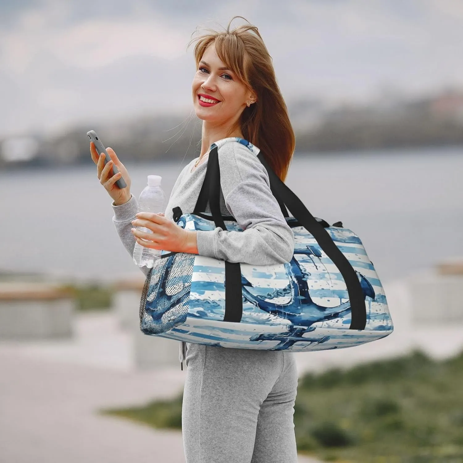 Travel Duffel Bag For Men Women, Blue Stripe Sea Anchor Carry On Sport Gym Bag With Shoulder Strap Lightweight Waterproof Weekender Bag Overnight Bag