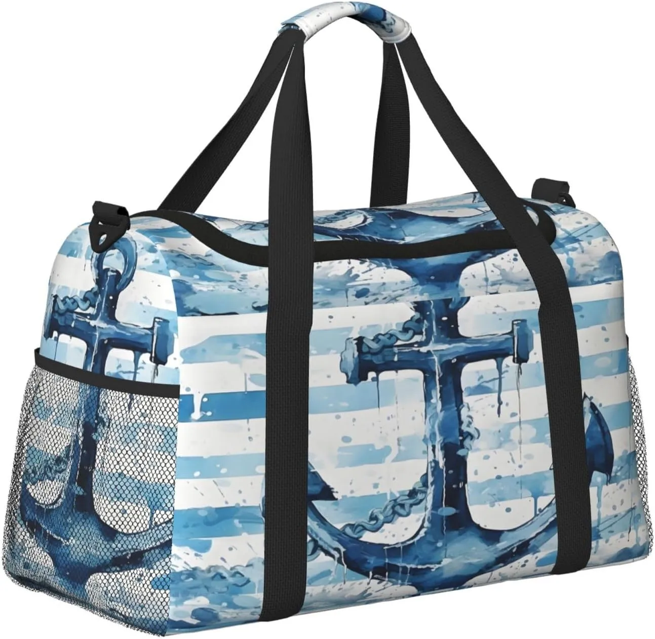 Travel Duffel Bag For Men Women, Blue Stripe Sea Anchor Carry On Sport Gym Bag With Shoulder Strap Lightweight Waterproof Weekender Bag Overnight Bag