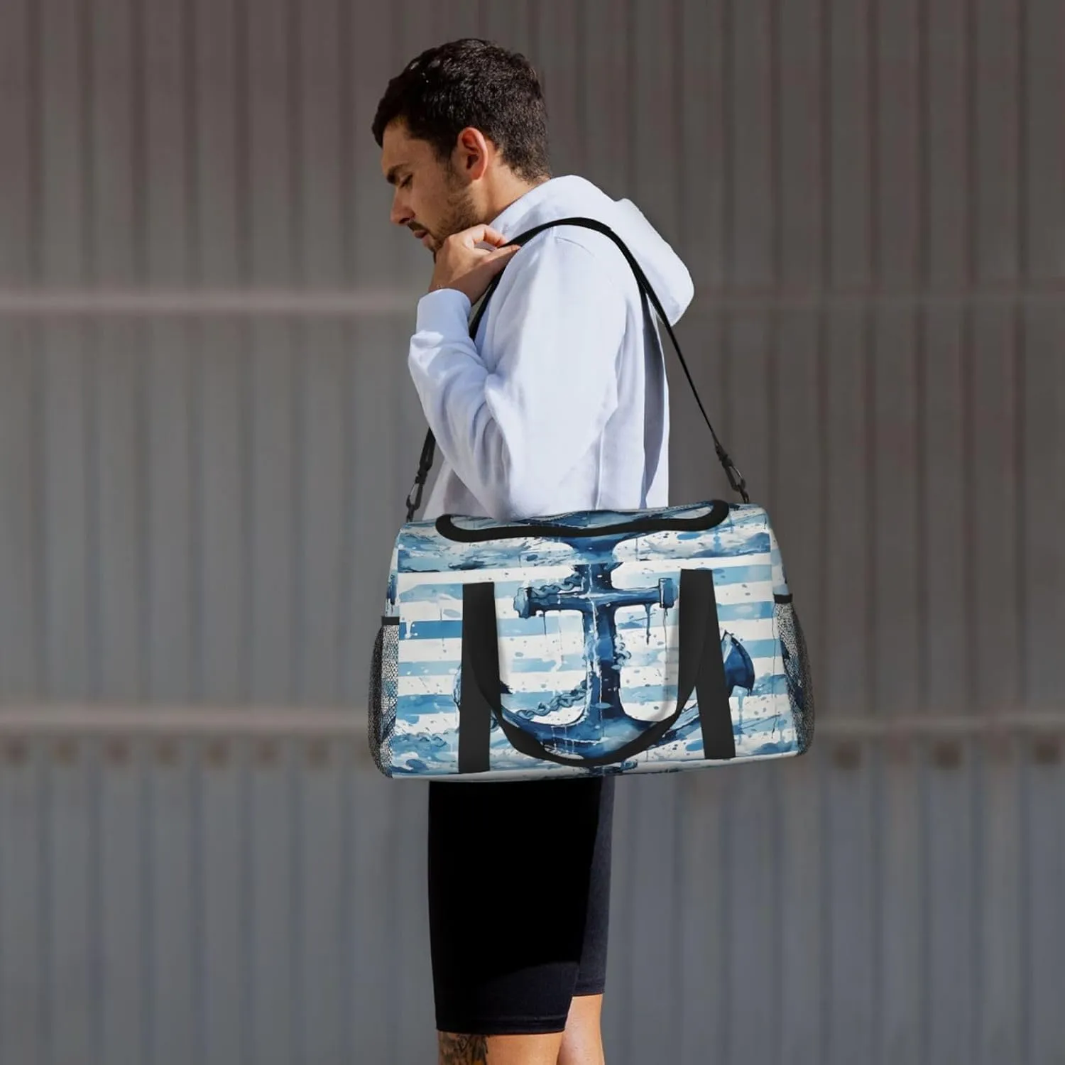 Travel Duffel Bag For Men Women, Blue Stripe Sea Anchor Carry On Sport Gym Bag With Shoulder Strap Lightweight Waterproof Weekender Bag Overnight Bag