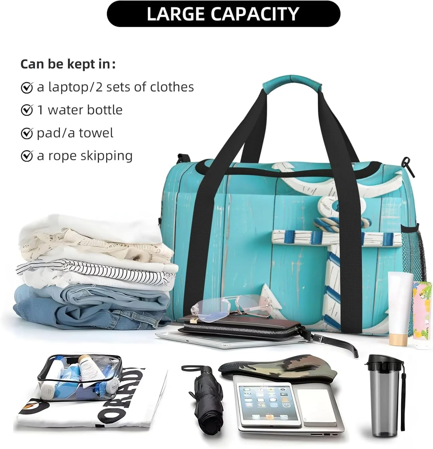 Travel Duffel Bag For Men Women, Blue Wooden Sea Anchor Carry On Sport Gym Bag With Shoulder Strap Lightweight Waterproof Weekender Bag Overnight Bag