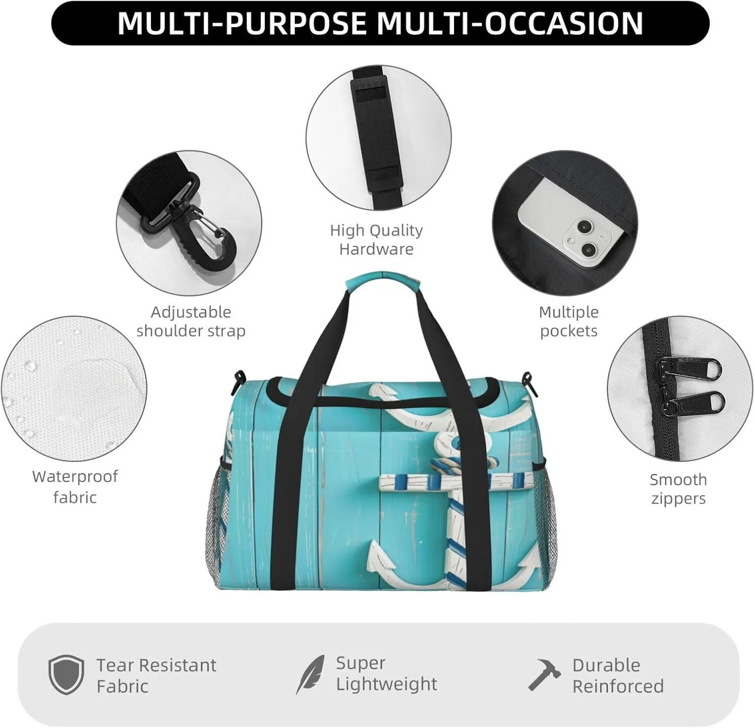 Travel Duffel Bag For Men Women, Blue Wooden Sea Anchor Carry On Sport Gym Bag With Shoulder Strap Lightweight Waterproof Weekender Bag Overnight Bag