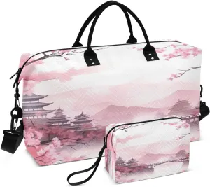 Travel Duffel Bag Large Weekender Overnight Bags for Women Men, Asian Style Pink Gym Bag with Toiletry Bag