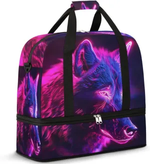 Travel Duffel Bag with Shoe Compartment, Neon Wolf Shoulder Weekender Bags for Women, Foldable Waterproof Travel Bag Carry on Bag