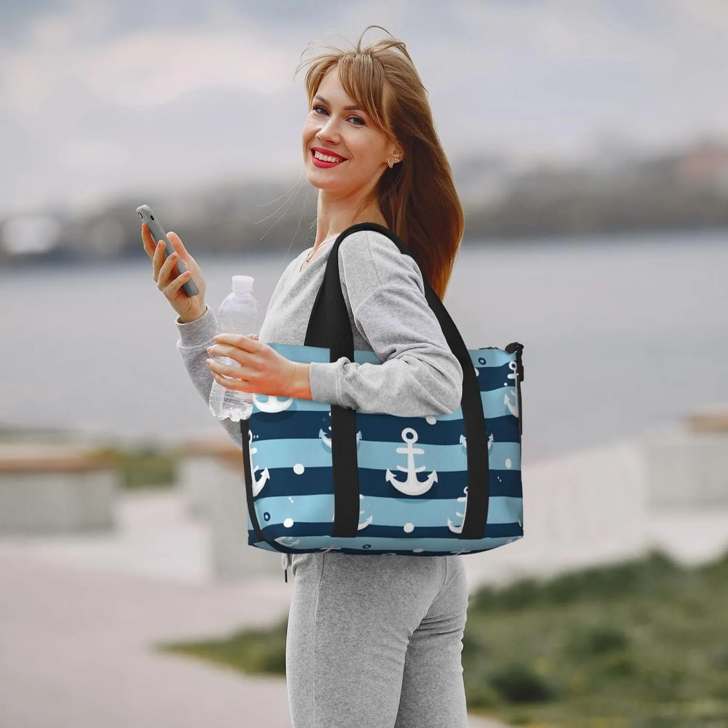 Travel Duffle Bag Blue White Anchor Stripe Weekender Overnight Bags Luggage Bag for Women Men Waterproof Sports Gym Bag Hand Bag with Shoulder Strap