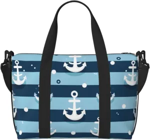 Travel Duffle Bag Blue White Anchor Stripe Weekender Overnight Bags Luggage Bag for Women Men Waterproof Sports Gym Bag Hand Bag with Shoulder Strap