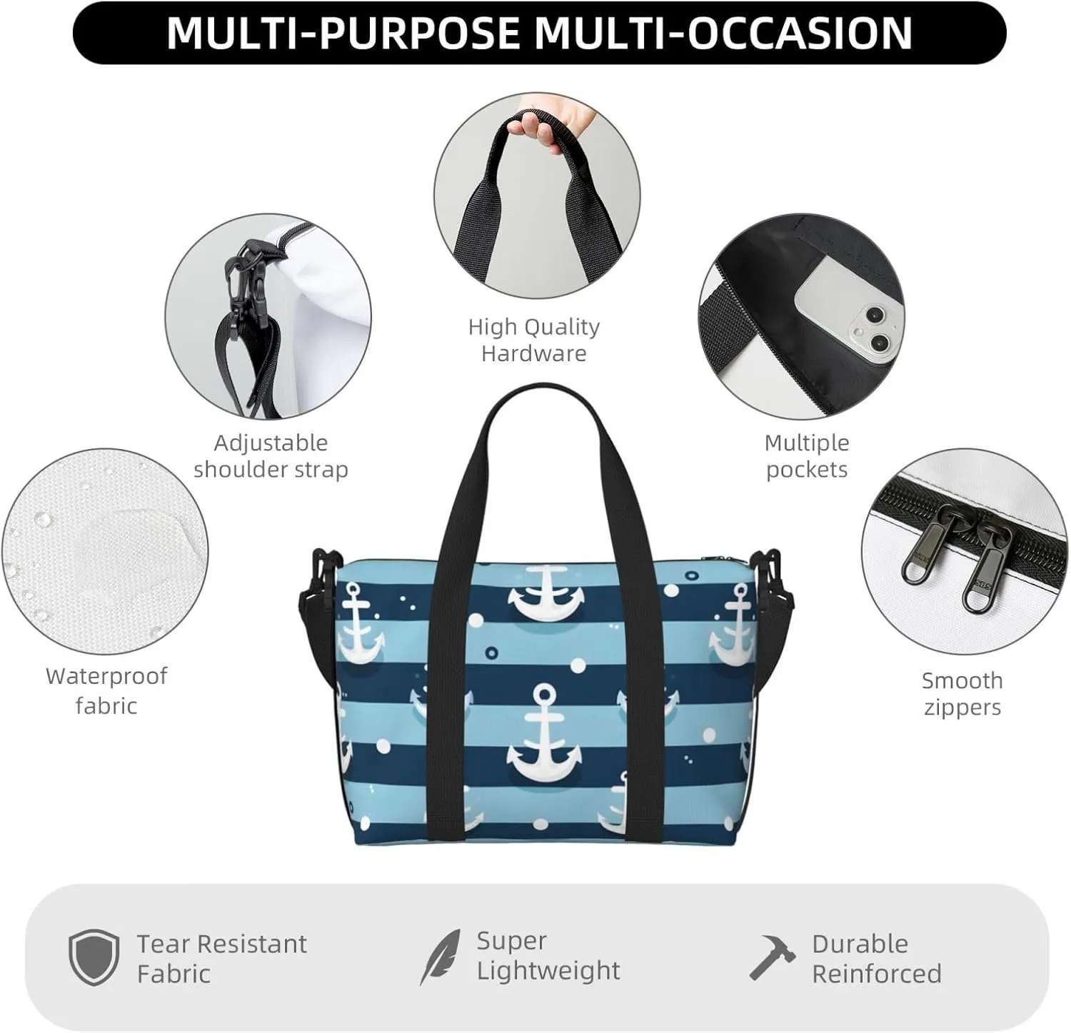 Travel Duffle Bag Blue White Anchor Stripe Weekender Overnight Bags Luggage Bag for Women Men Waterproof Sports Gym Bag Hand Bag with Shoulder Strap