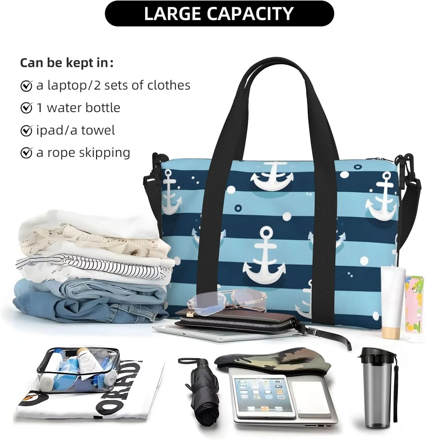 Travel Duffle Bag Blue White Anchor Stripe Weekender Overnight Bags Luggage Bag for Women Men Waterproof Sports Gym Bag Hand Bag with Shoulder Strap