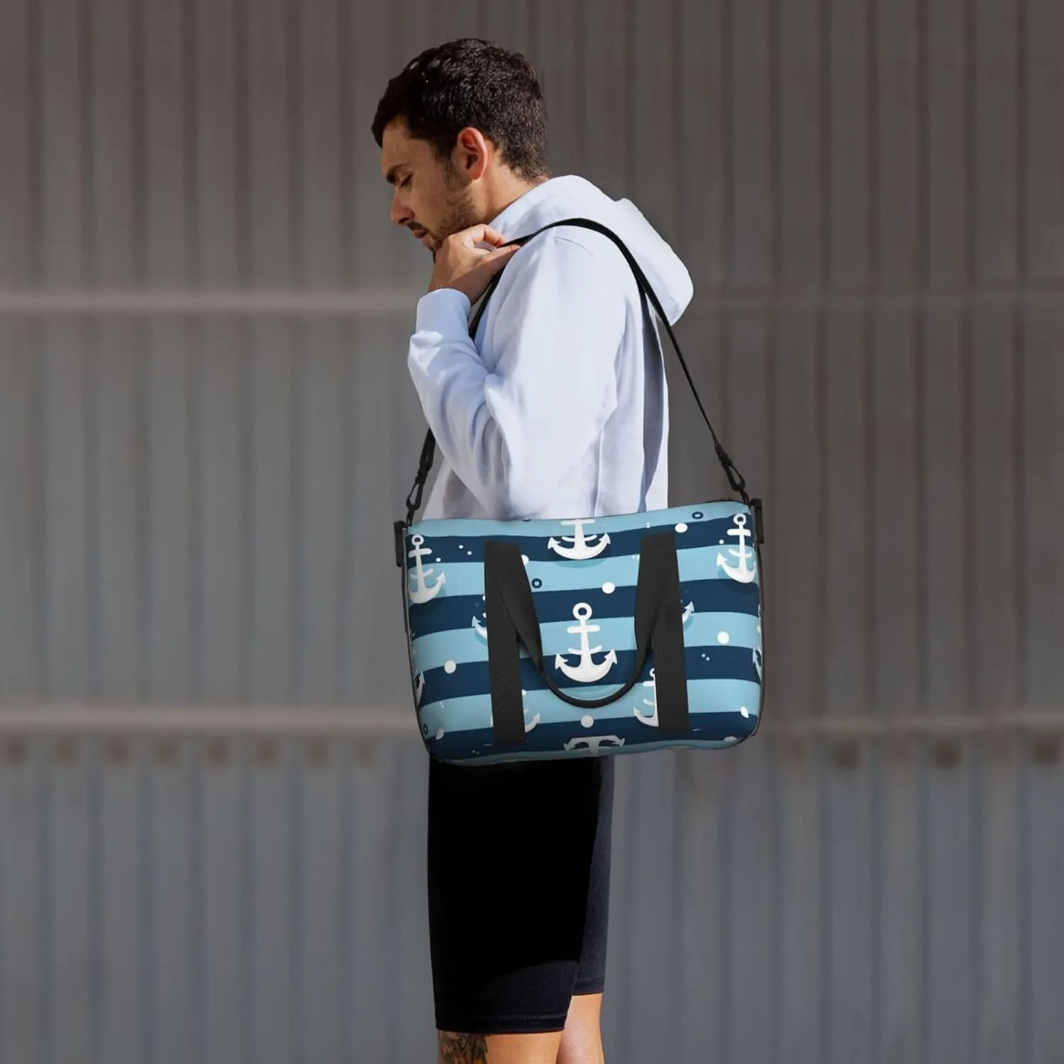 Travel Duffle Bag Blue White Anchor Stripe Weekender Overnight Bags Luggage Bag for Women Men Waterproof Sports Gym Bag Hand Bag with Shoulder Strap