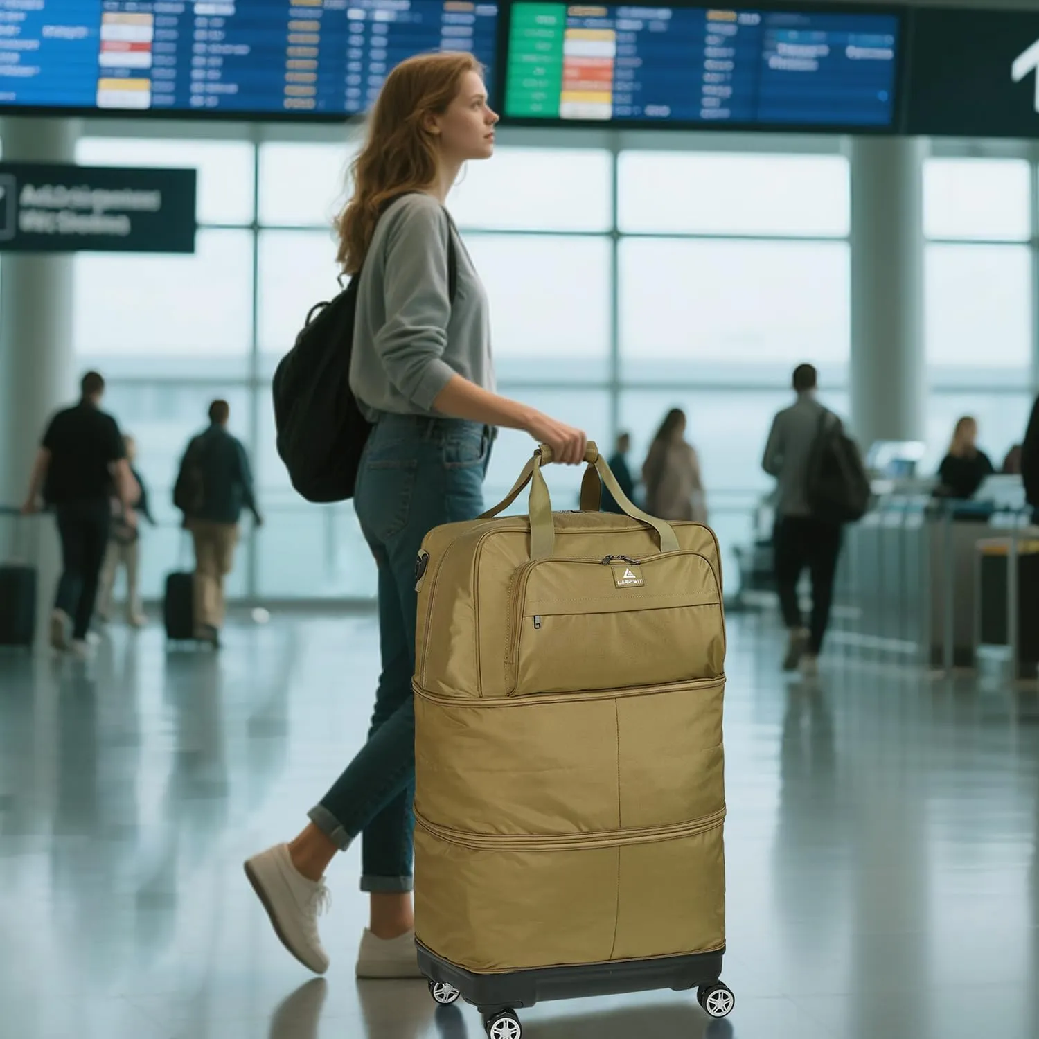 Travel Luggage Bags with Brake Spinner Wheels for Men 115L Collapsible Extra Large Travel Rolling Suitcase Lightweight Foldable Duffle Bag Expandable Soft Suitcase for Women and Not Fall Over, Brown