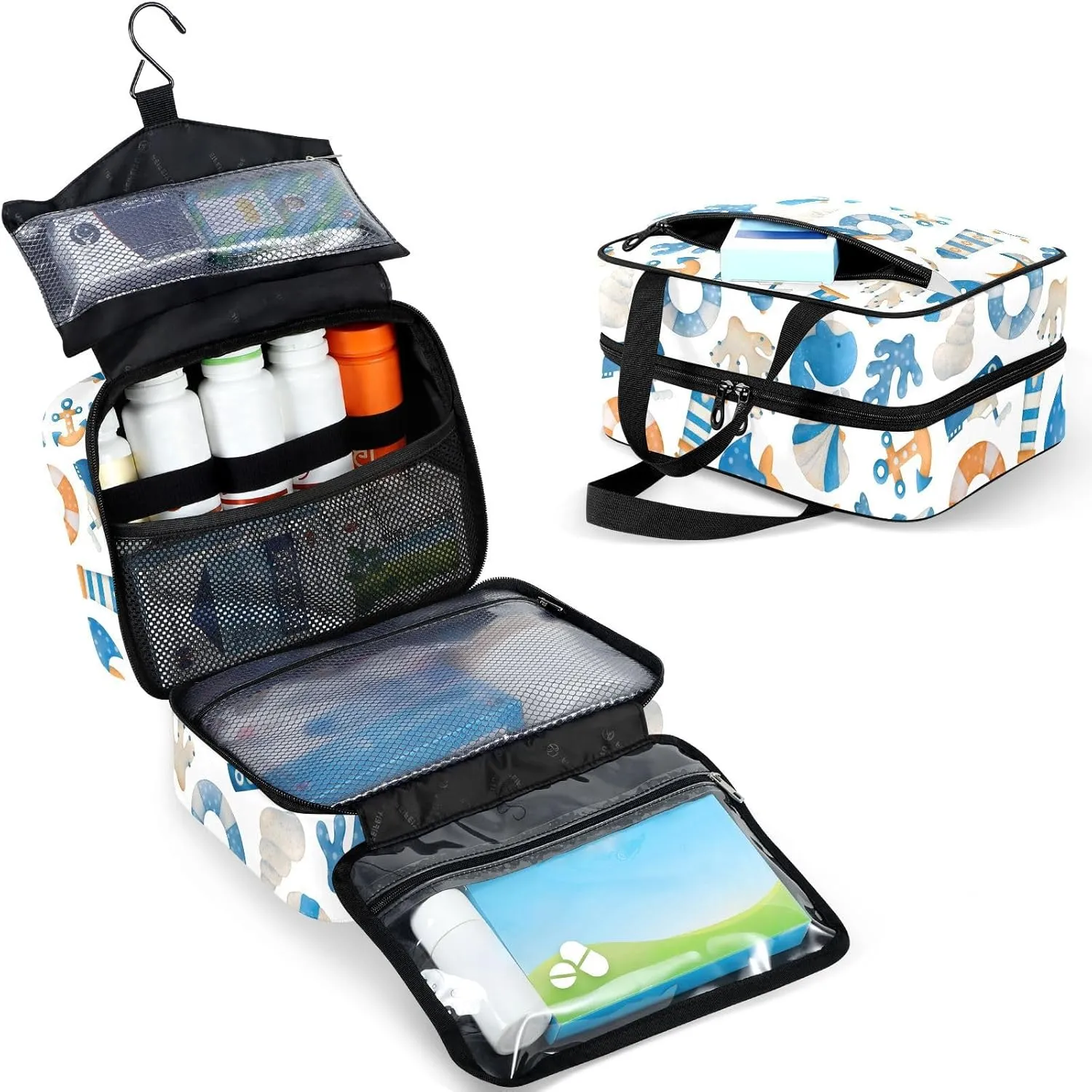 Travel Toiletry Bag for Woman/Men,Summer Boat Starfish Lighthouse Anchor Hanging Organizer Bag with Pockets Portable Folding Travel Case Bags for Makeup Cosmetic Toiletries Storage Traveling-L