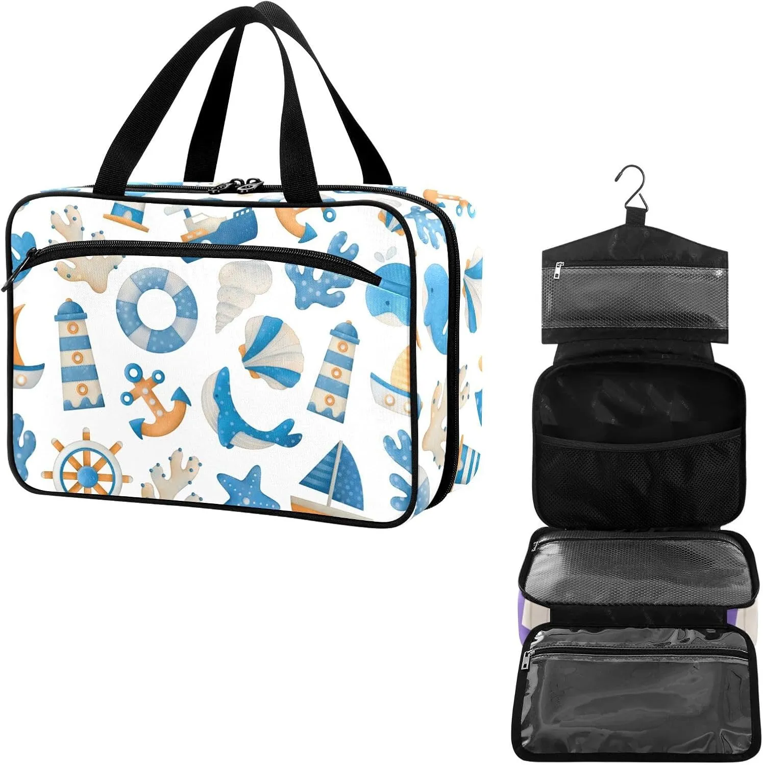 Travel Toiletry Bag for Woman/Men,Summer Boat Starfish Lighthouse Anchor Hanging Organizer Bag with Pockets Portable Folding Travel Case Bags for Makeup Cosmetic Toiletries Storage Traveling-L