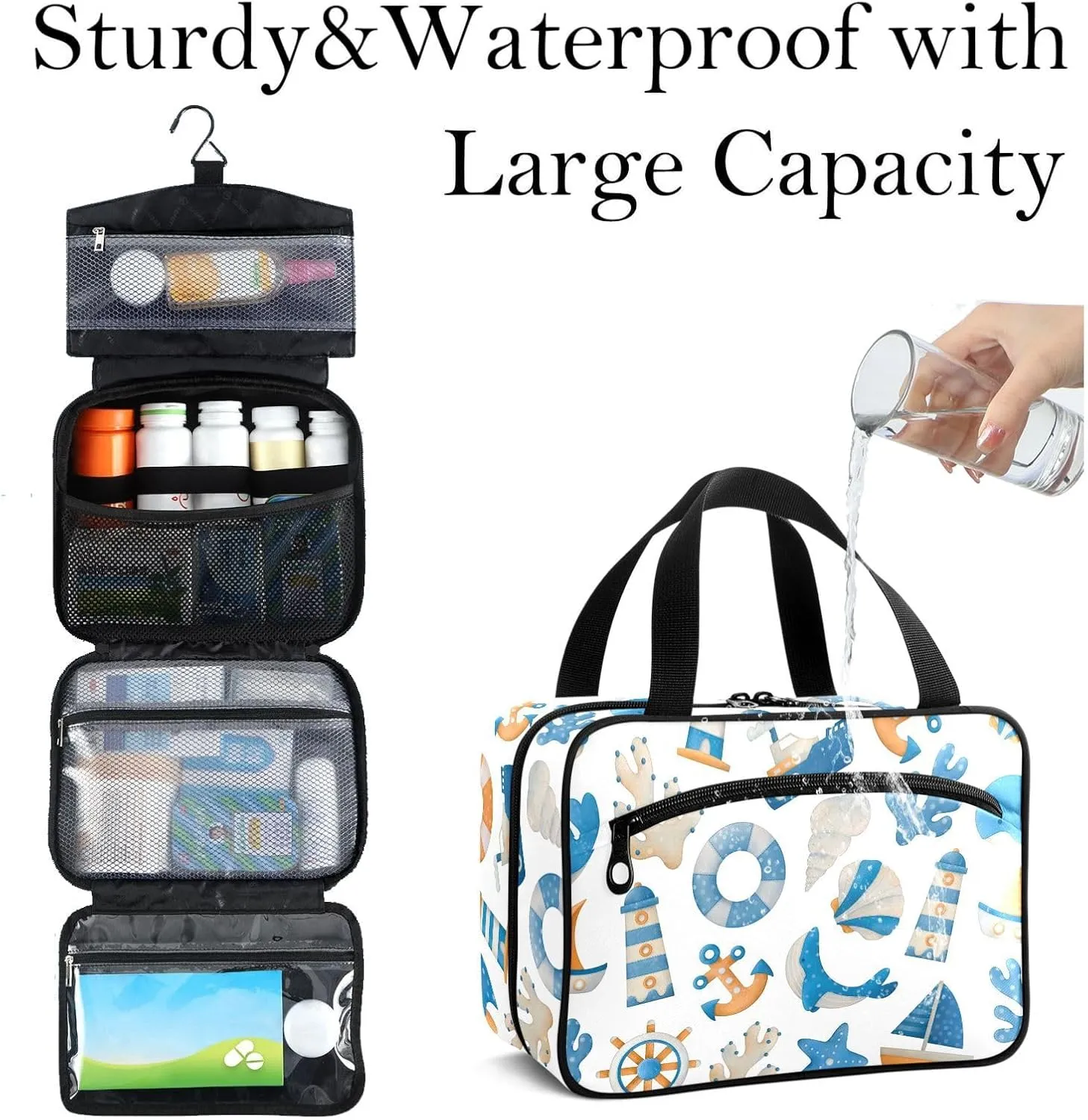 Travel Toiletry Bag for Woman/Men,Summer Boat Starfish Lighthouse Anchor Hanging Organizer Bag with Pockets Portable Folding Travel Case Bags for Makeup Cosmetic Toiletries Storage Traveling-L