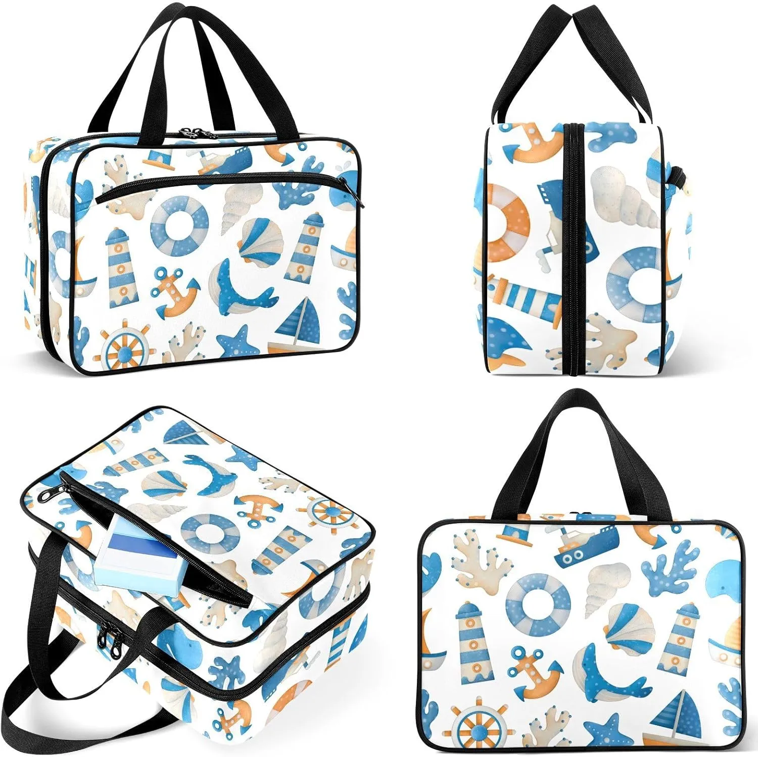 Travel Toiletry Bag for Woman/Men,Summer Boat Starfish Lighthouse Anchor Hanging Organizer Bag with Pockets Portable Folding Travel Case Bags for Makeup Cosmetic Toiletries Storage Traveling-L