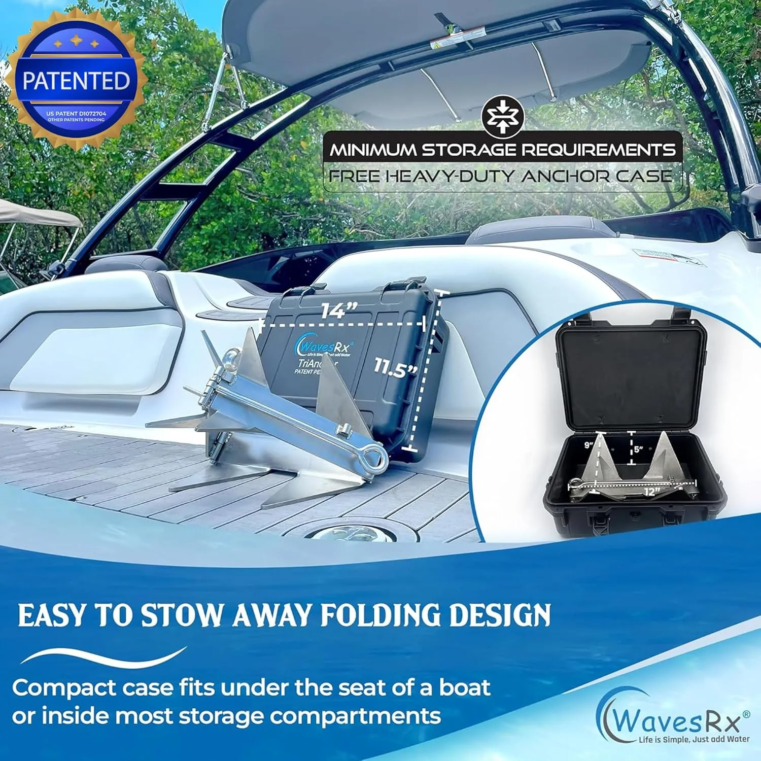TriAnchor - Stainless Steel Folding PWC & Boat Anchor Kit | Sets Instantly for Effortless Boat & Jet Ski Anchoring | Compact Patent-Pending Design Grips Better Than Plow, Fluke or Box Anchor