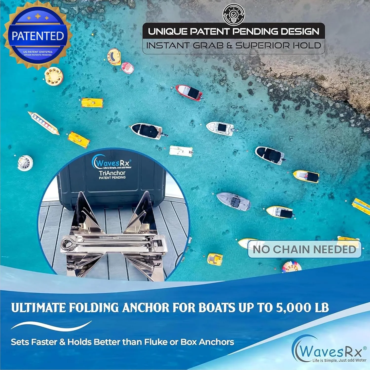 TriAnchor - Stainless Steel Folding PWC & Boat Anchor Kit | Sets Instantly for Effortless Boat & Jet Ski Anchoring | Compact Patent-Pending Design Grips Better Than Plow, Fluke or Box Anchor